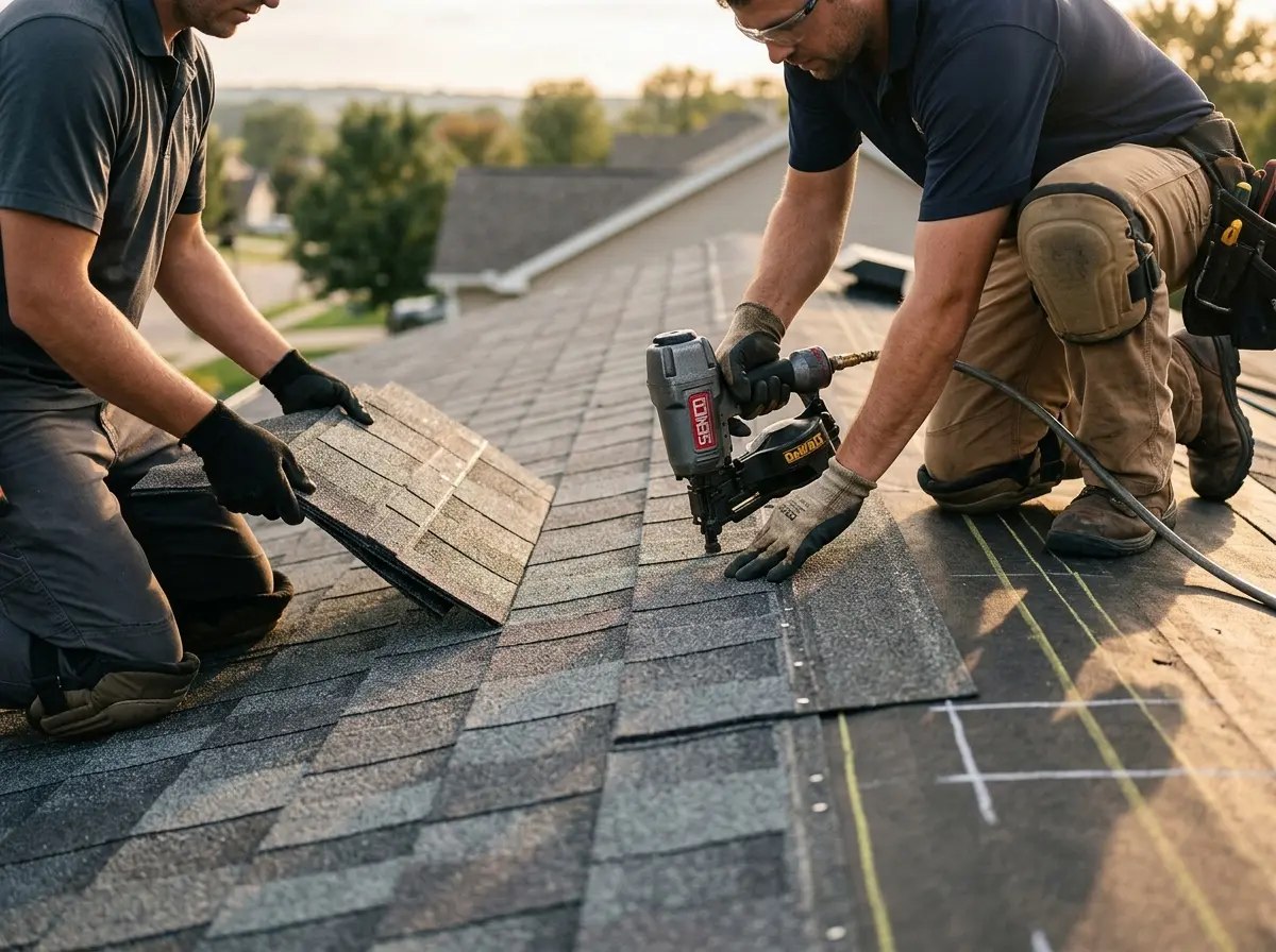 Professional roofer working on a residential roof in Finley